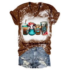 Blooms Brews Floral Babe Cow Coffee Drink Tie-Dye V-Neck T-Shirt
